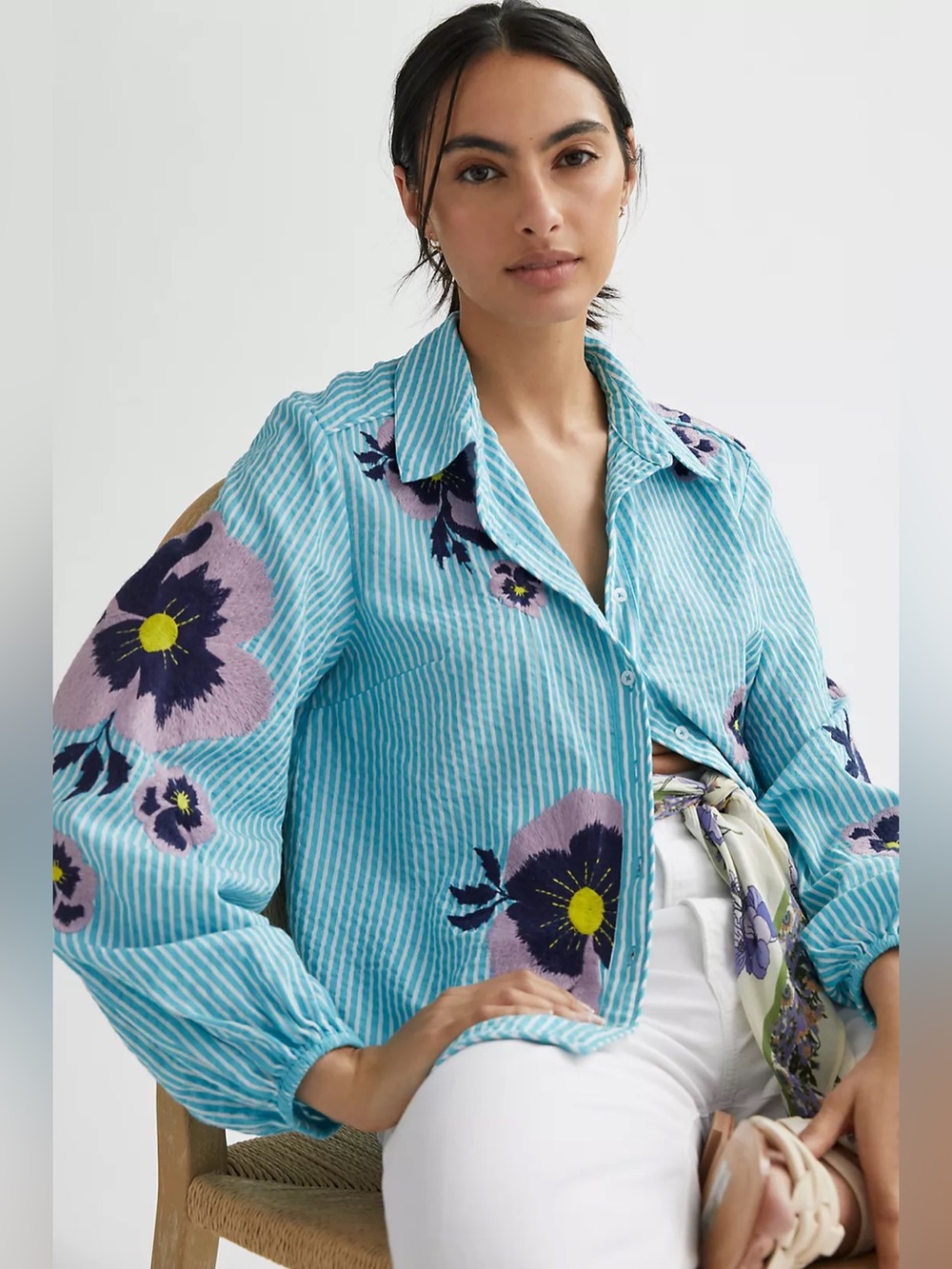 Maeve by Anthropologie Turquoise Blue Floral Embroidery Striped Button Blouse